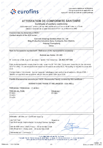 Certificate of Sanitary Conformity (ASC)